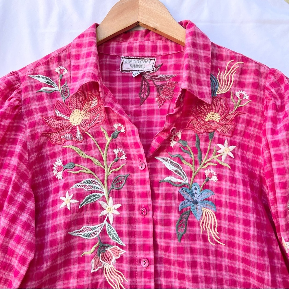 JOHNNY WAS | JORDAN LISBON SHIRT SMALL PINK EMBROIDERED PUFF SLEEVE BLOUSE - Picture 5 of 10